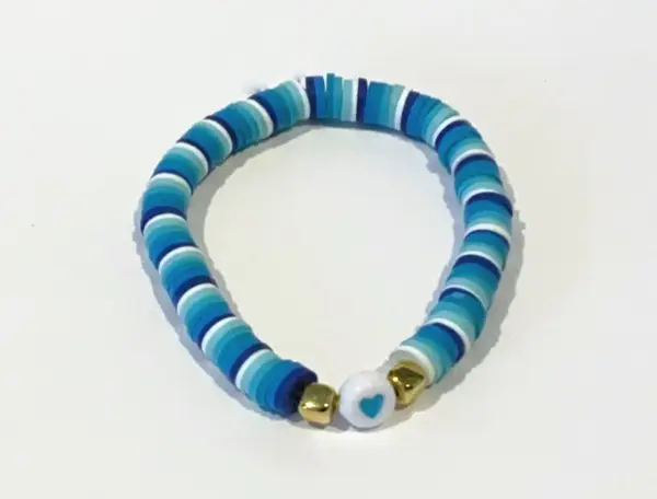 Blue Ombre Clay Beads with Gold Beads and Heart Charm Bracelet