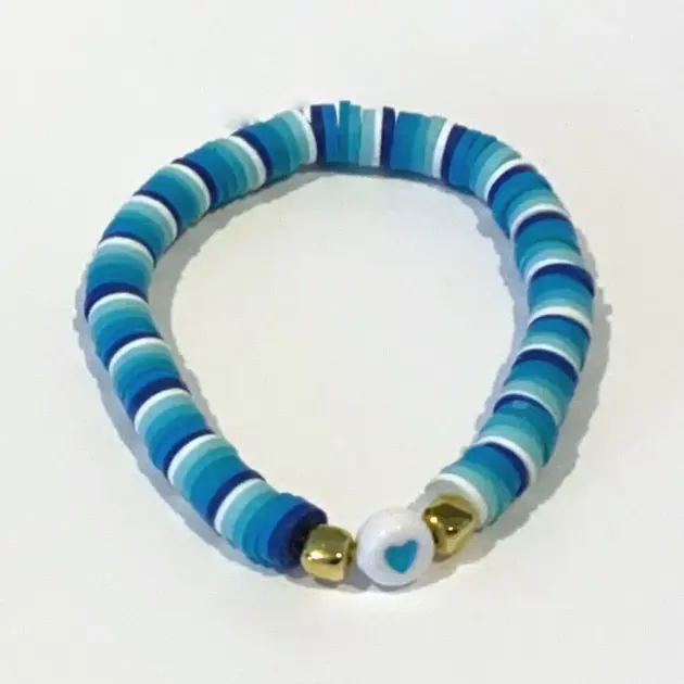 Blue Ombre Clay Beads with Gold Beads and Heart Charm Bracelet