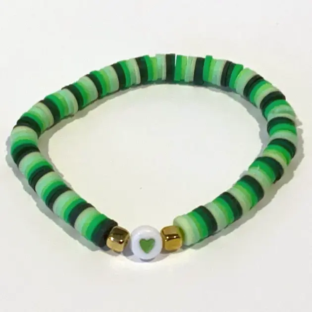 Green Ombre Clay and Gold Beads with Heart Charm Bracelet