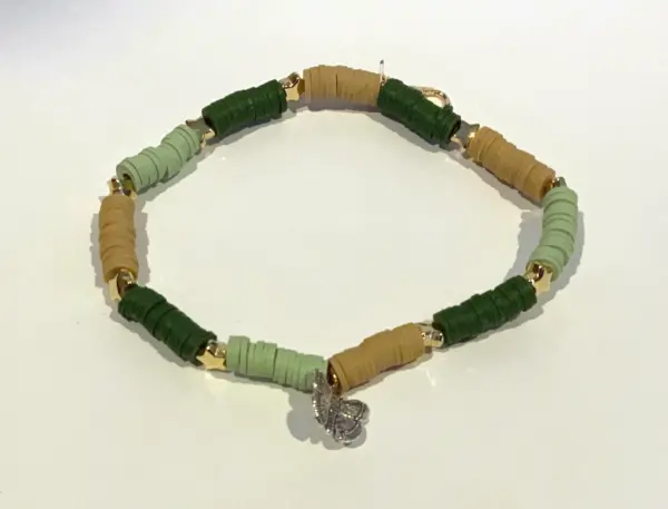 Green and Light Brown Clay Beads with Silver Buttery fly Charm Bracelet