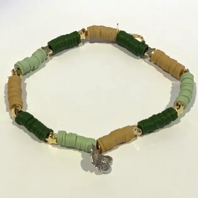 Green and Light Brown Clay Beads with Silver Buttery fly Charm Bracelet