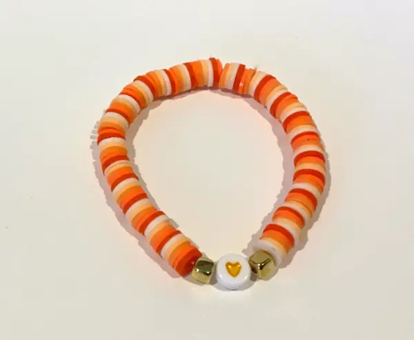 Orange Ombre and Gold Clay Beads with Heart Charm Bracelet