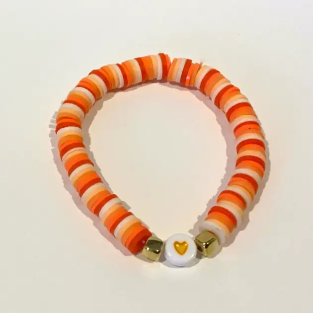 Orange Ombre and Gold Clay Beads with Heart Charm Bracelet