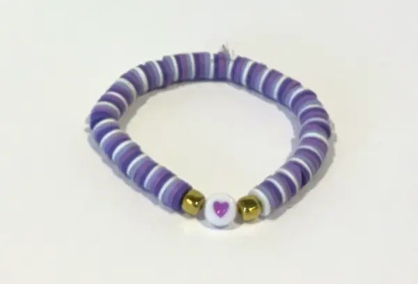 Purple Ombre and White Clay Beads with Heart Charm Bracelet