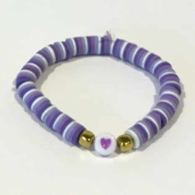 Purple Ombre and White Clay Beads with Heart Charm Bracelet