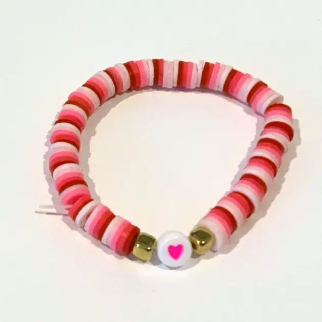 White and Various Shades of Pink Beads with Heart Charm Bracelet